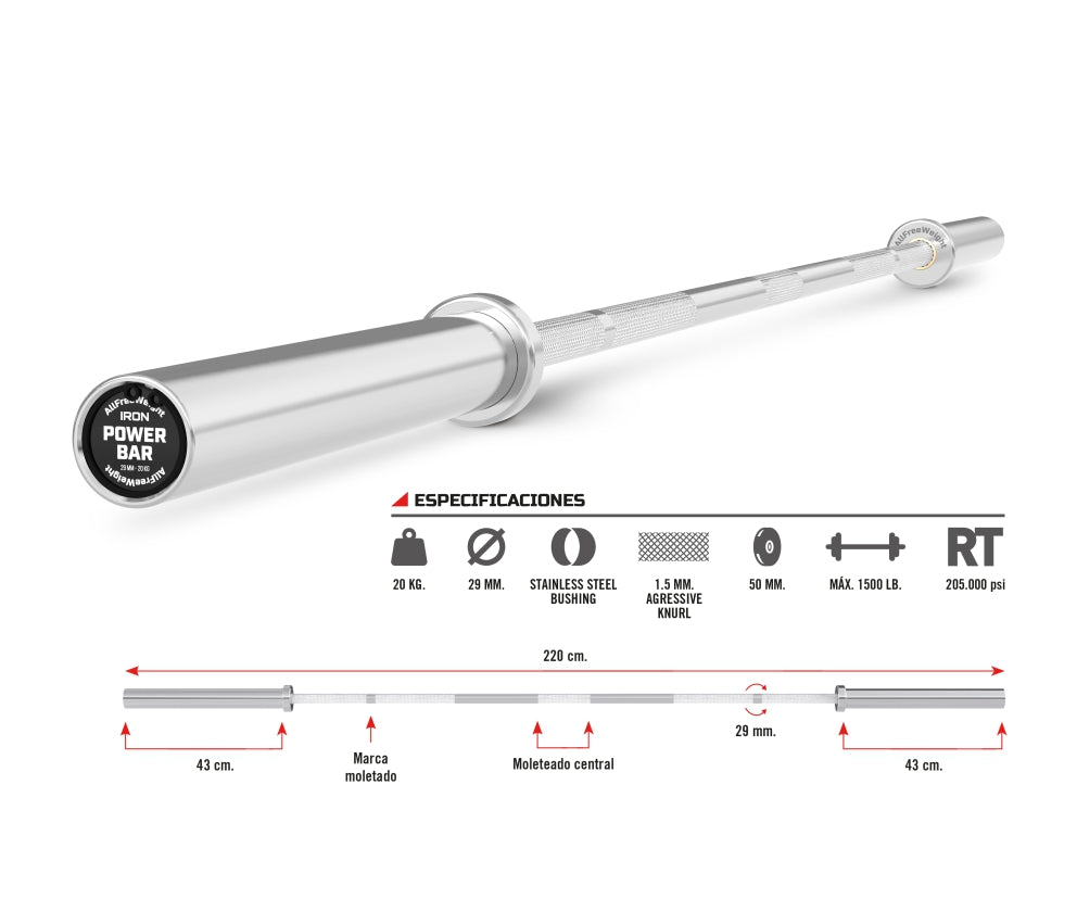 Barra Iron Power Bar Powerlifting 220 cm.