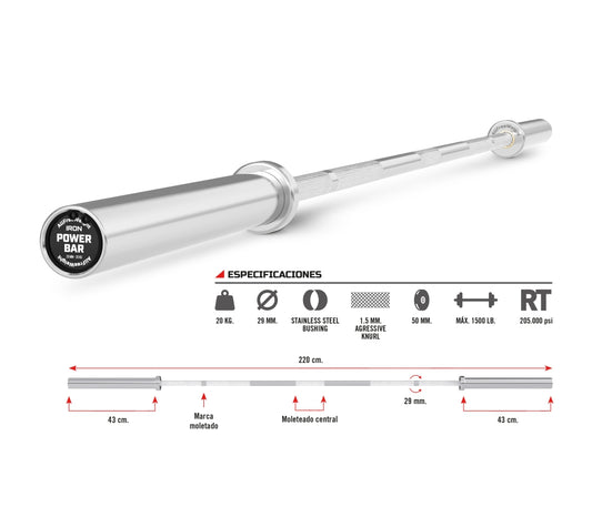 Barra Iron Power Bar Powerlifting 220 cm.